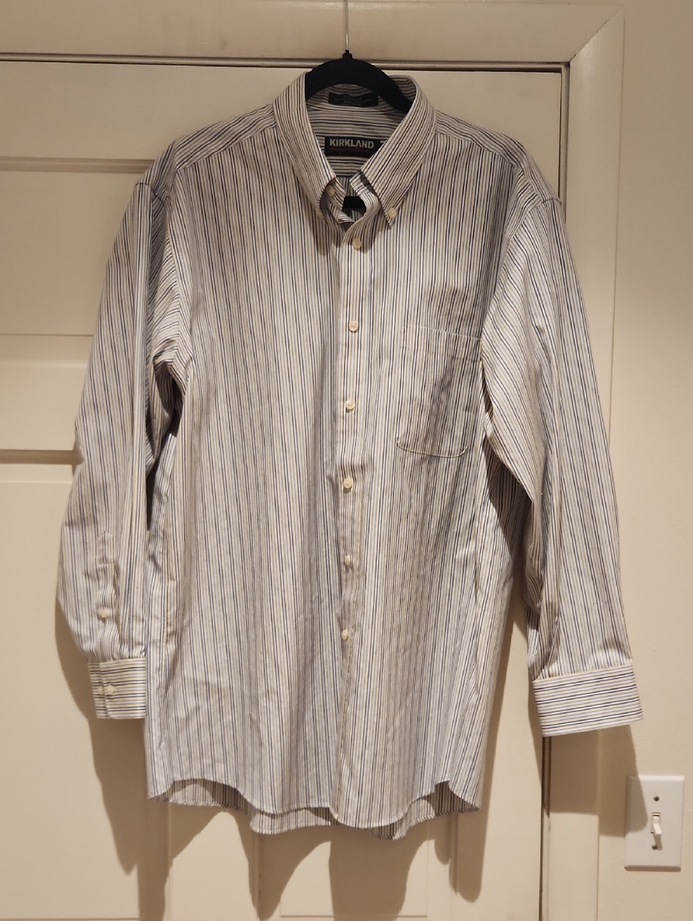 Kirkland Signature 100% Cotton White Button-Up Shirt with Blue Stripes